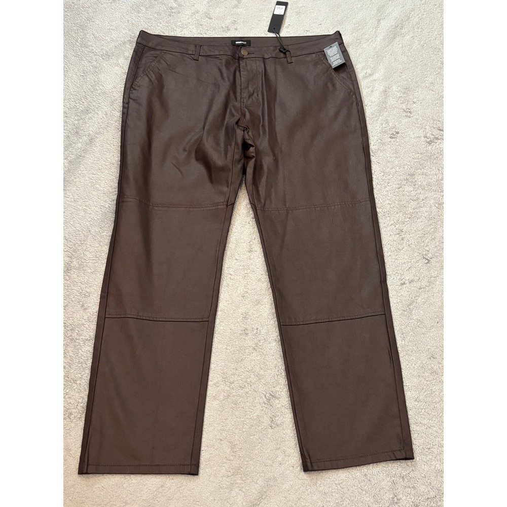 Fashion Nova Men Coated Denim Pants Brown Straight Leg Moto Seam FAP0455 Size 38